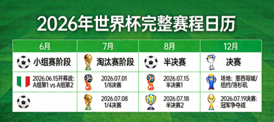 2026年世界杯完整赛程日历图表，展示关键日期与阶段对阵，背景为球场与日历融合设计