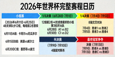 2026年世界杯完整赛程日历图表，展示从小组赛到决赛的所有关键日期与对阵阶段划分