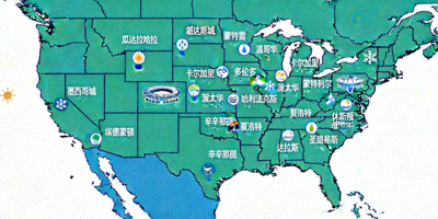美加墨三国地图，清晰标注16个举办城市的位置、场馆标志及气候图标