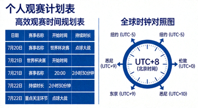 个人观赛计划表与全球时钟对照图，展示如何高效规划观赛时间