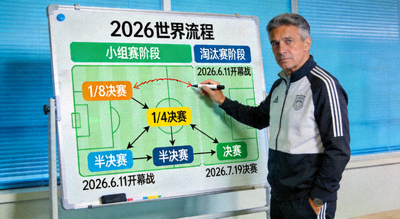 教练在战术板上绘制2026世界杯赛程关键节点与阶段划分示意图