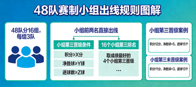 48队赛制下小组出线规则图解，展示小组第三名晋级可能性