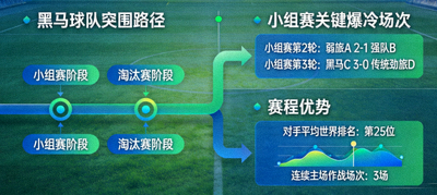 黑马球队突围路径分析图，标注小组赛关键爆冷场次与赛程优势