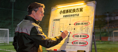 教练在战术板上规划小组赛轮换方案，标注关键球员休息节点