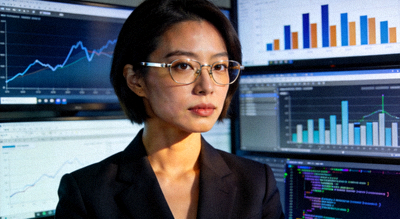 莎拉·金 Sarah Kim 高清头像，佩戴眼镜，背景是数据可视化屏幕，气质干练