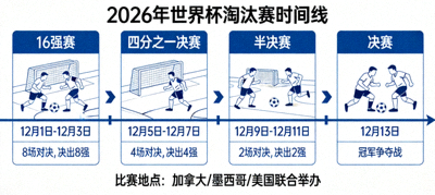 2026年世界杯淘汰赛阶段完整时间线信息图，从16强到决赛