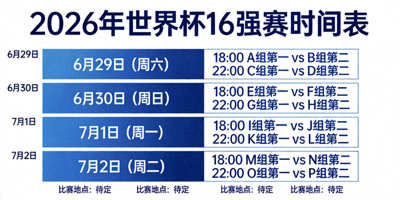 2026年世界杯16强赛时间表信息图，展示6月29日至7月2日的比赛日期与开球时间