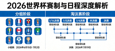 对2026世界杯赛制与日程进行深度解构的分析图，包含48队分组与淘汰赛轮次