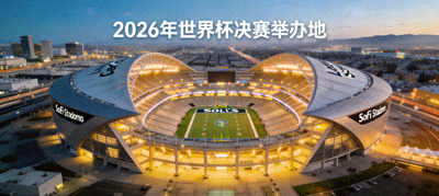 美国洛杉矶SoFi体育场全景，2026年世界杯决赛举办地，拥有独特弧形设计