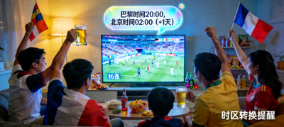 球迷在屏幕前观看16强赛的观赛场景，搭配时区转换提醒