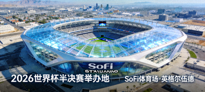 加利福尼亚州英格尔伍德的SoFi体育场航拍，拥有独特透明屋顶，将举办2026世界杯半决赛