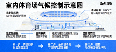 室内体育场气候控制示意图，展示SoFi体育场等封闭场馆如何维持恒温恒湿环境