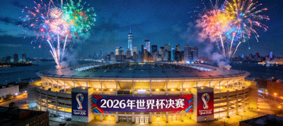夜晚的大都会体育场外景，烟花绽放，2026年世界杯决赛将在此举行，场馆位于纽约/新泽西